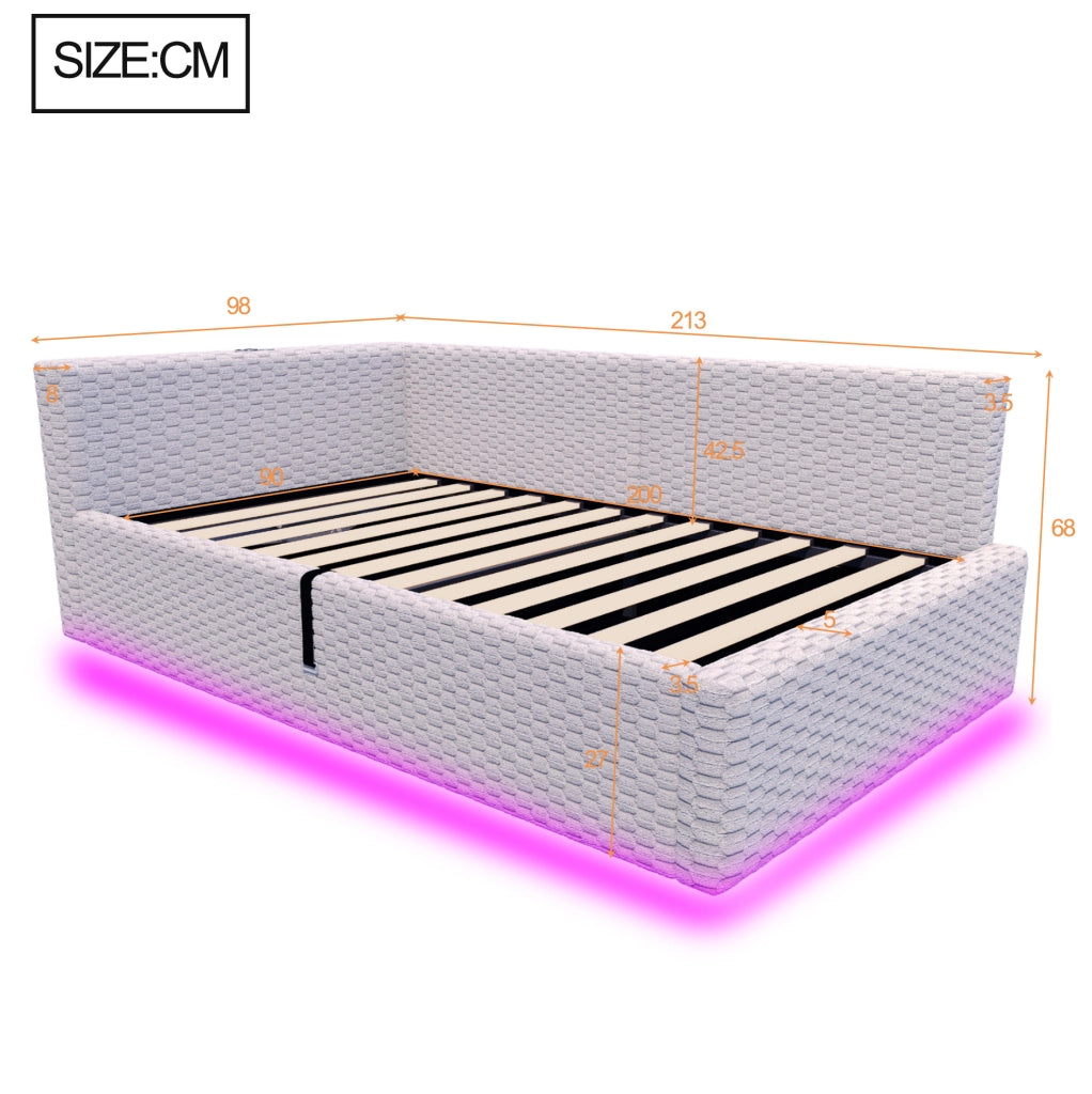 Letto imbottito 90x200 cm con LED, USB-C e vano contenitore grigio