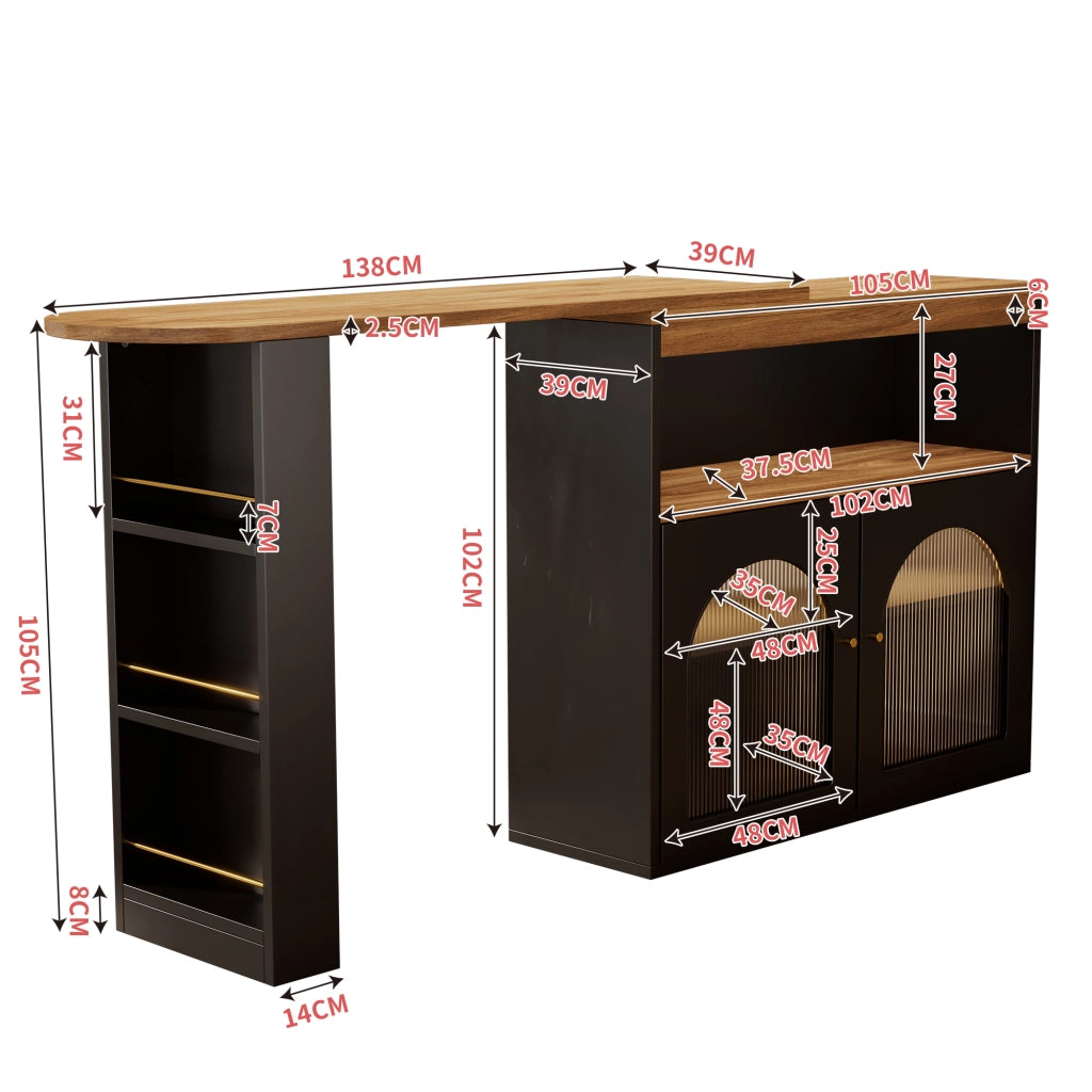 OKWISH Tavolo Bar Estensibile con Ripiani a 3 Livelli, Rotazione 360 e LED, per Sala da Pranzo, MDF, Nero, 138-193 × 39 × 105 cm
