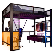 Letto a Soppalco 140x200 cm; Letto Singolo - USB; LED; Scrivania e 3 Cassetti