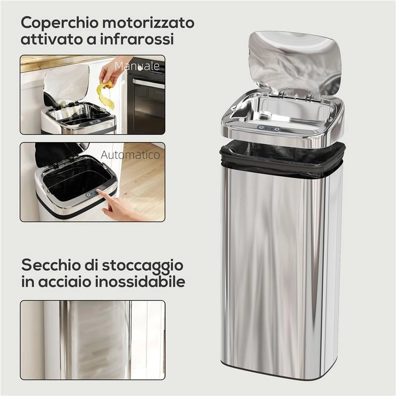 BIDONE PER RIFIUTI DA 40L CON SENSORE PER APERTURA E CHIUSURA AUTOMATICA, 33X25X70 CM, ARGENTO