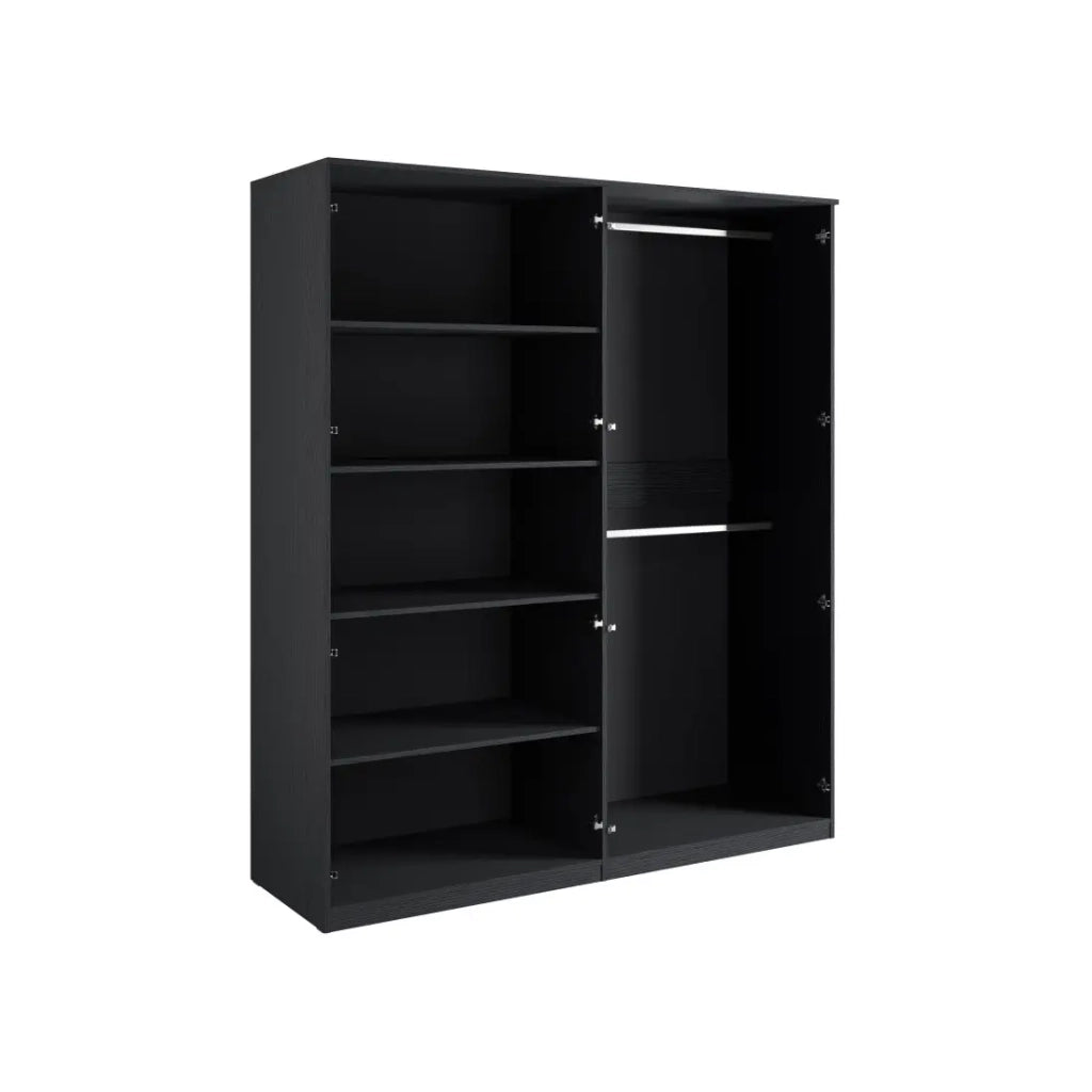 Armadio 4 porte nero strutturato e dorato – 2 appendiabiti + 4 scaffali – Collezione MONDO