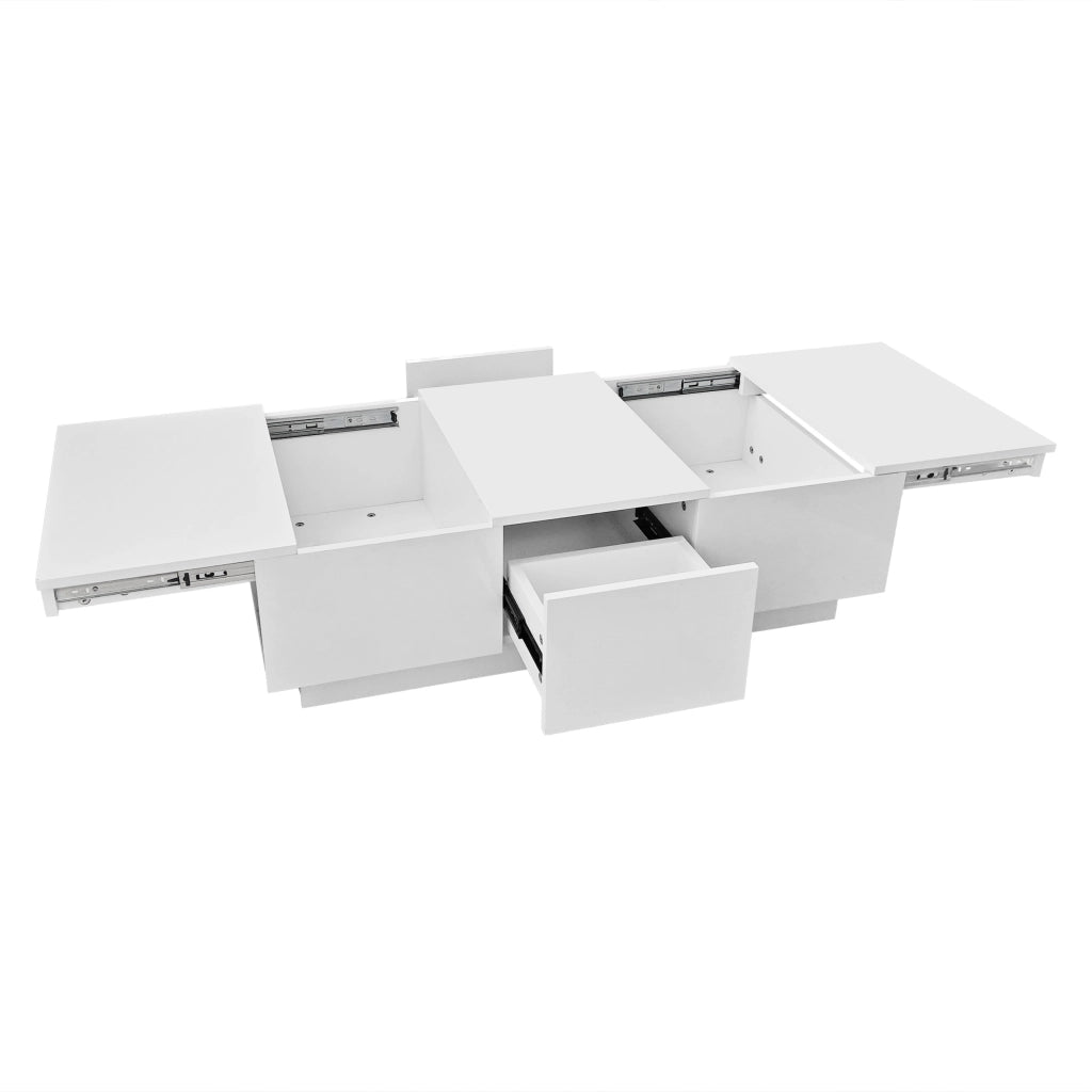 Tavolino da Salotto con 2 Cassetti e Vani Contenitore Nascosti Push Pull; Bianco Lucido; Stile Moderno; in Pannelli di Particelle; 100×50×31 cm