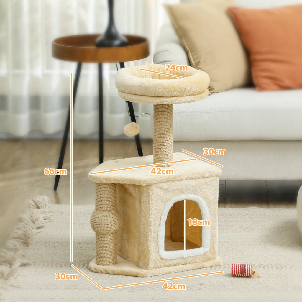 Albero per Gatti 66cm ¨C Xylo ¨C con cuccia, piattaforma, palla pendente e palo in iuta beige