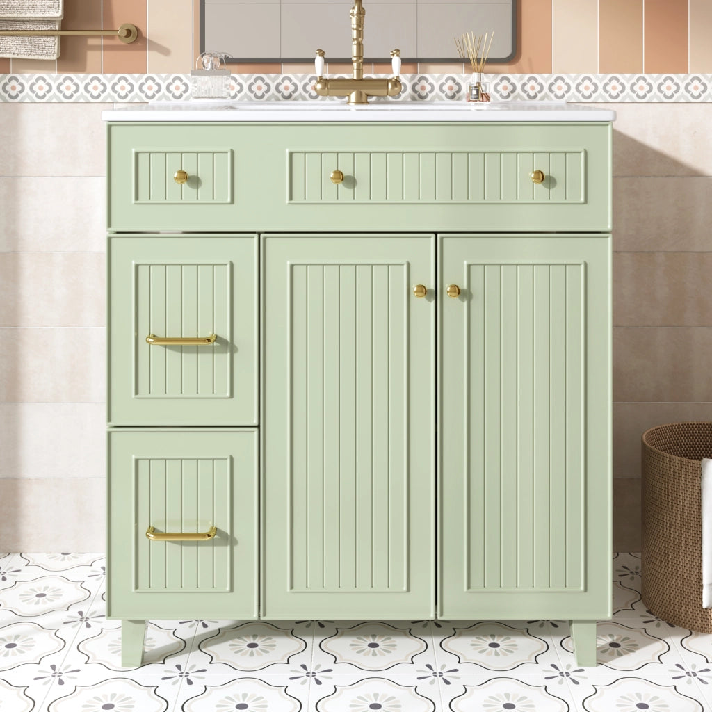 Mobile sottolavabo con lavabo in ceramica e più cassetti, per bagno, in MDF laccato verde 81,7 cm