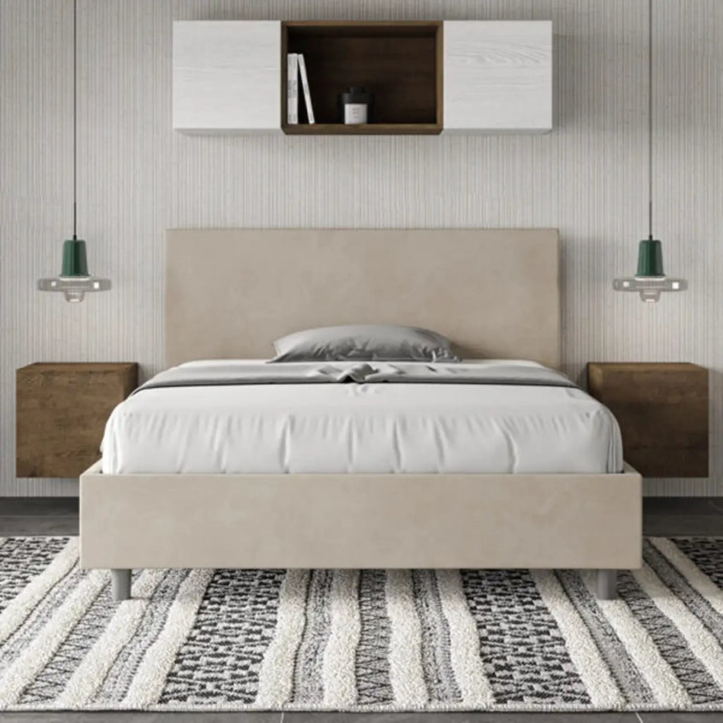 Letto matrimoniale francese contenitore imbottito 140x210 microfibra sabbia Adele