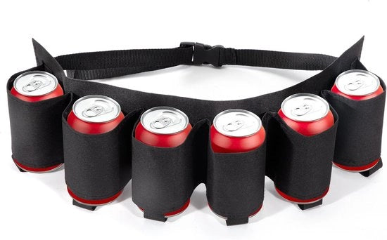 Raccordo per birra per 6 lattine - utilizzo facile per bevande in occasioni di festa - nero con regolazione di altezza - ideale per campeggio - cintura portatile per bevande