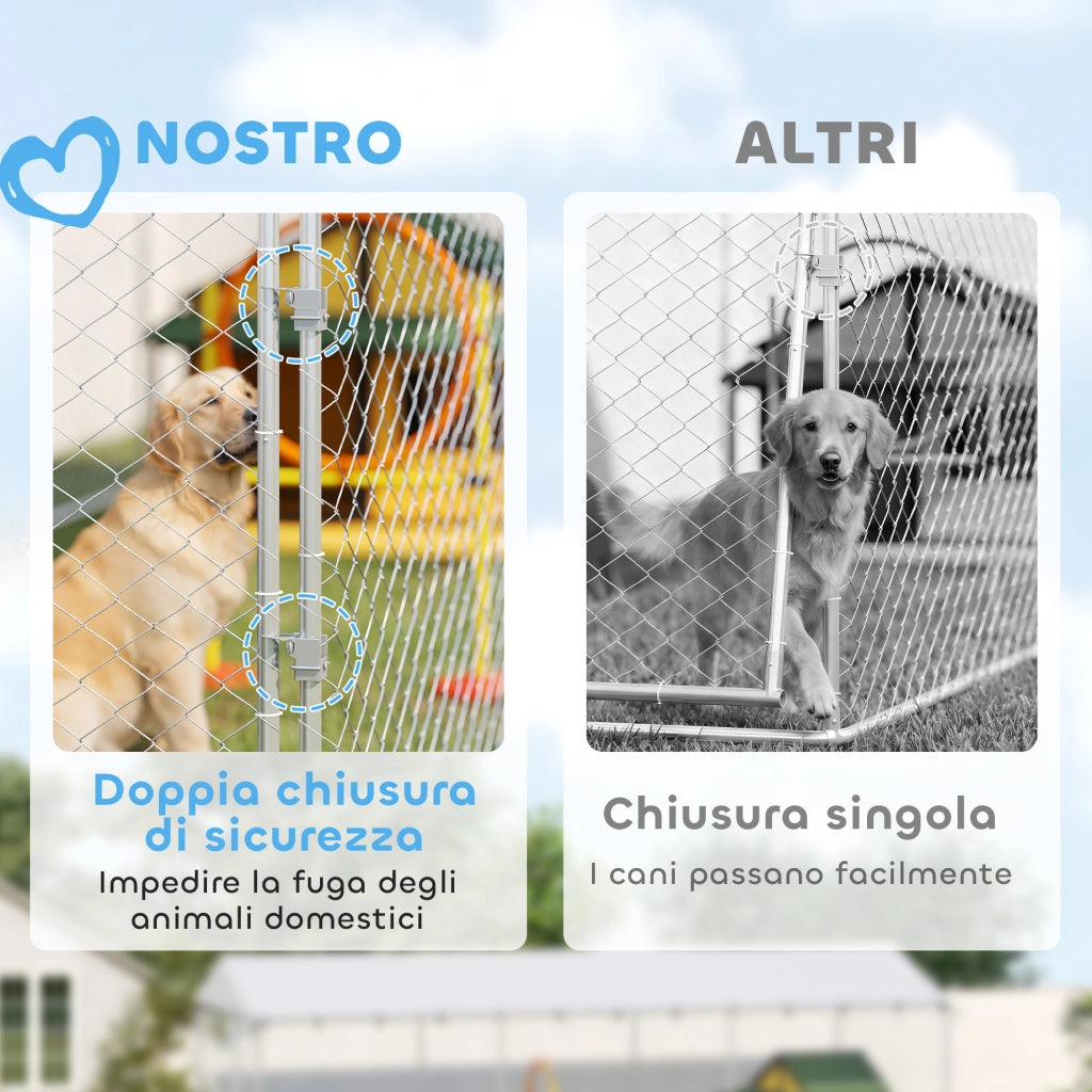 Recinto per Cani da Esterno con Rete Zincata e Serratura. in Acciaio e Tessuto Oxford. 6x2.3x2 m. Argento