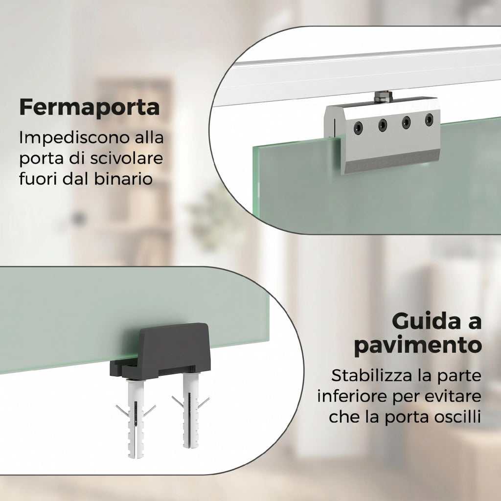 Porta Scorrevole 77,5x205 cm con Binario Silenzioso e Guida in Vetro Temperato Sabbiato Trasparente