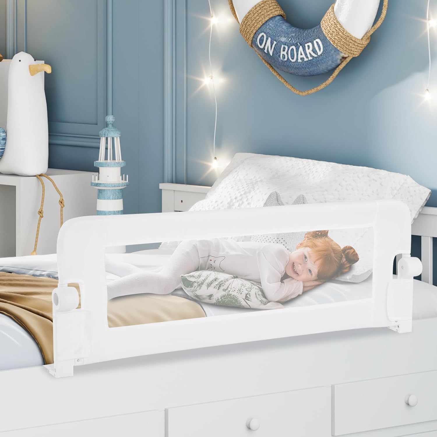 Sponda Letto per Bambini 105/120/150 cm, Barriera di Sicurezza per Neonati, Barriera Letto Pieghevole e Portatile, con Cinghia di Sicurezza (Bianco, 120 x 40 x 42 cm)