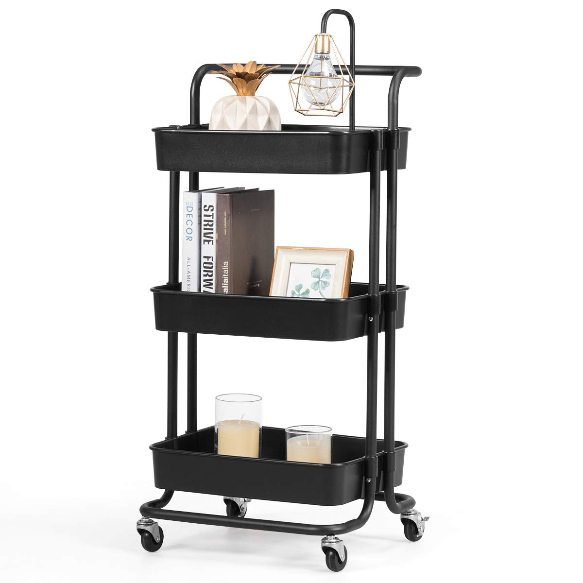 Carrello con 3 cesti e Maniglia, Carrello Multifunzione con Ruote, 87 x 35 x 42 cm, Nero/Bianco (Nero)