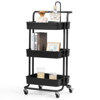 Carrello con 3 cesti e Maniglia, Carrello Multifunzione con Ruote, 87 x 35 x 42 cm, Nero/Bianco (Nero)