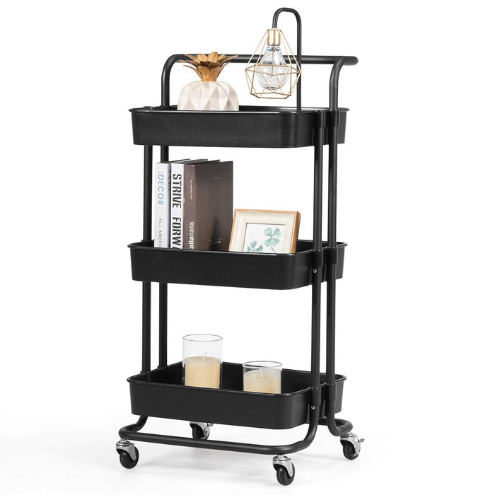 Carrello con 3 cesti e Maniglia, Carrello Multifunzione con Ruote, 87 x 35 x 42 cm, Nero/Bianco (Nero)