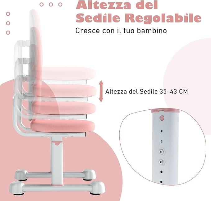 Sedia da Scrivania per Bambini 3+ Anni, Sedia Imbottita per Studiare con Doppio Supporto Lombare e Altezza Regolabile, Chair da Compiti per Casa e Scuola, Portata 100 kg (Rosa)