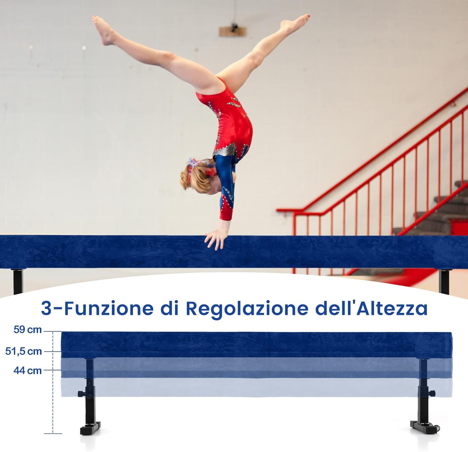 Trave Ginnastica Artistica per Casa Regolabile 226 cm, Trave di Equilibrio con Ruote e 3 Altezze Regolabili e Gambe Robuste per Principianti e Professionisti