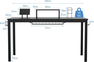 Scrivania da Gaming da 140 cm, Scrivania Ergonomica con Portabicchieri, Mensola per Monitor, Gancio per Cuffie, Cestino Portaoggetti, Scaffale per Supporti Multimediali e Piedini Regolabili
