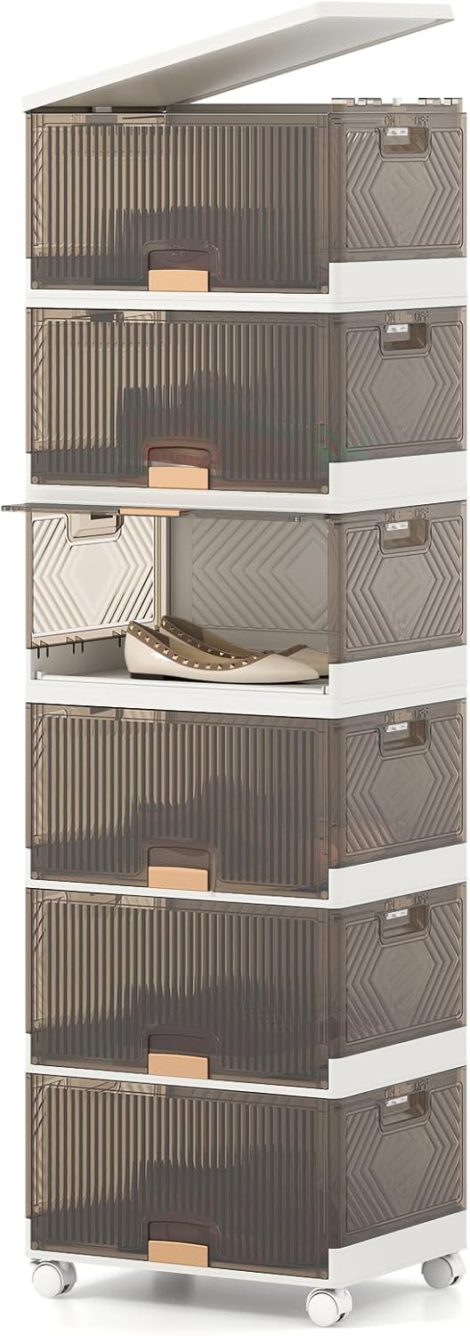 Scatole Immagazzinaggio Impilabili e Pieghevole con Ruote, Contenitore a 6 Ripiani con Coperchi, Organizzatori Trasparente, per Camera da Letto e Soggiorno, Bianco (37,5 x 27,5 x 121 cm)