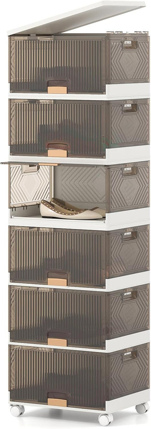 Scatole Immagazzinaggio Impilabili e Pieghevole con Ruote, Contenitore a 6 Ripiani con Coperchi, Organizzatori Trasparente, per Camera da Letto e Soggiorno, Bianco (37,5 x 27,5 x 121 cm)