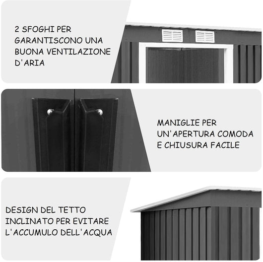 Casetta da Esterno per Attrezzi in Acciaio 2,8㎡, con Base, Porte Scorrevoli, Maniglie e Sfoghi, Capanno da Esterno per Giardino, Cortile e Fattoria, 213 x 173 x 130 cm