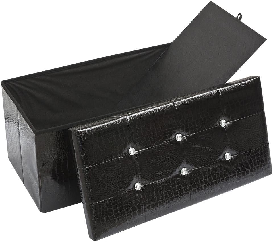 Cassapanca Contenitore Pouf Panca Poggiapiedi Similpelle Pelle Finta Coccodrillo 76x38x38 cm Nera