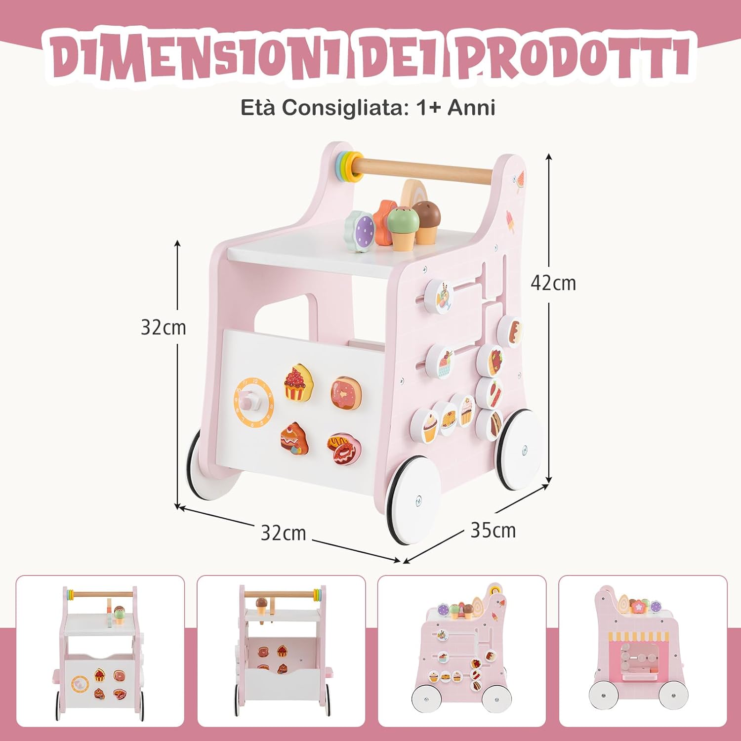 Girello 2 in 1 per Bambini, Carrello Primi Passi in Legno con Spazio di Archiviazione, Negozio di Dolci con Gelati, Cursori, Labirinto, Piatto e Cucchiaio, Centro Attività per 1+ Anni (Rosa)