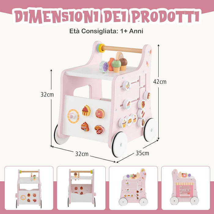 Girello 2 in 1 per Bambini, Carrello Primi Passi in Legno con Spazio di Archiviazione, Negozio di Dolci con Gelati, Cursori, Labirinto, Piatto e Cucchiaio, Centro Attività per 1+ Anni (Rosa)