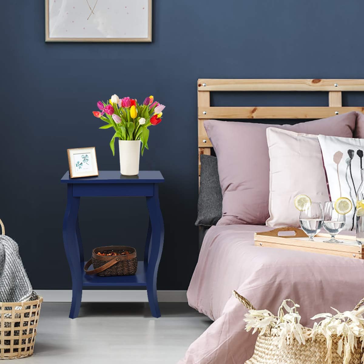 Comodino, Comodino da Divano a 2Livelli, Tavolino per la Camera da Letto, Capacit¨¤ di peso di 17 kg, 40 x 40 x 60 cm (2, blu)