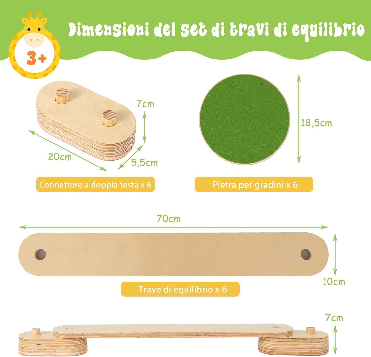 Trave Equilibrio in Legno, Pietre Miliari per Bambini, Trave da Ginnastica in Legno per Interni e Esterni, Ideale per Bambini dai 3 ai 7 anni, 70 x 10 x 1,8cm