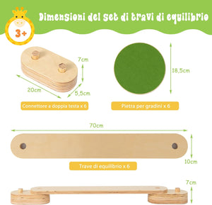 Trave Equilibrio in Legno, Pietre Miliari per Bambini, Trave da Ginnastica in Legno per Interni e Esterni, Ideale per Bambini dai 3 ai 7 anni, 70 x 10 x 1,8cm