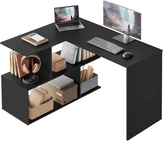 Scrivania Angolare, 120x100 cm Scrivania a Forma di L con Libreria, Nero, per Computer, Tavolo da Lavoro, Studio and Soggiorno