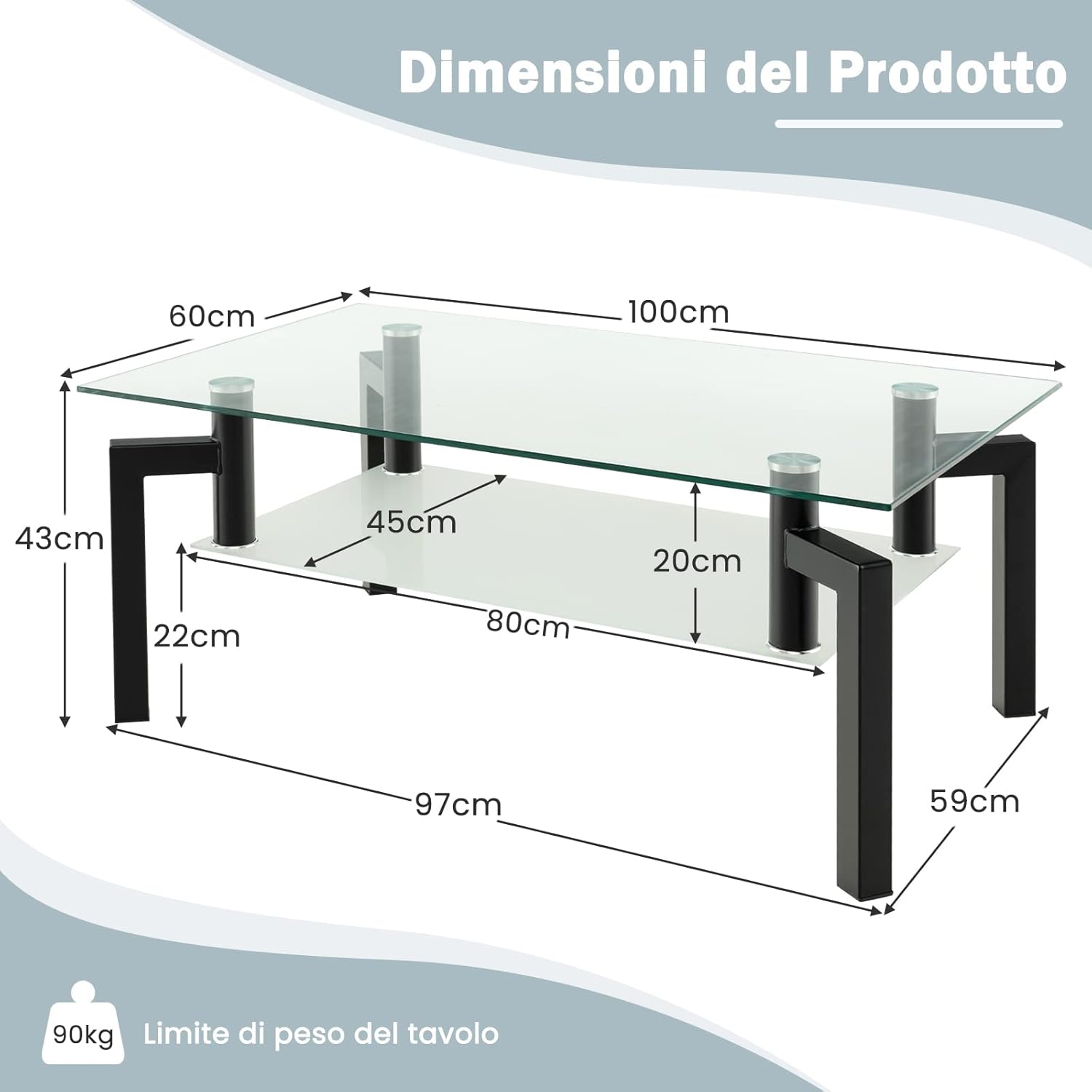Tavolino da Salotto in Vetro Temperato Moderno, Tavolo Basso Rettangolare a 2 Livelli con Struttura in Metallo, Tavolino da Caffè per Soggiorno e Ufficio, 100 x 60 x 43 cm