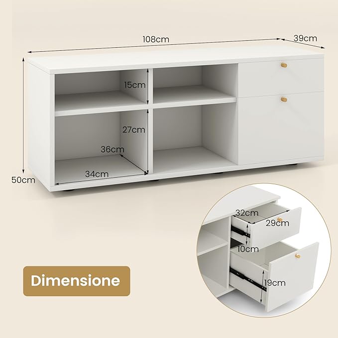 Credenza Buffet da Cucina, Armadio Buffet Moderno con Cassetti e Scomparti Aperti, Armadio da Cucina con Gambe in Metallo, per Cucina, Sala da Pranzo e Soggiorno, 108 x 39 x 50 cm