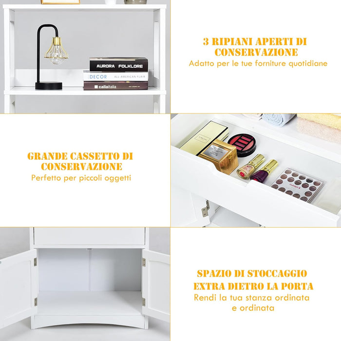 Armadietto del bagno con cassetto e mensola, armadio con 2 mensole aperte e 2 ante, armadietto per cucina, ingresso, salone e camera da letto, armadietto in legno (Bianco)