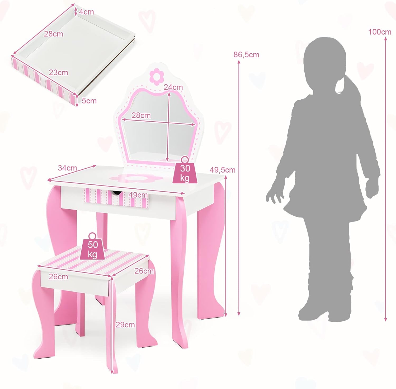 Toeletta Trucco per Bambina, Specchiera per Ragazzi in Legno, Postazione Trucco Robusto 2 in 1 con Cassetto, Sgabello e Specchio Staccabile, 49 x 34 x 86 cm, Bianco e Rosa