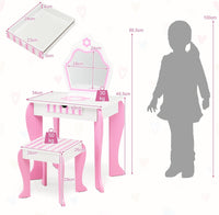 Toeletta Trucco per Bambina, Specchiera per Ragazzi in Legno, Postazione Trucco Robusto 2 in 1 con Cassetto, Sgabello e Specchio Staccabile, 49 x 34 x 86 cm, Bianco e Rosa