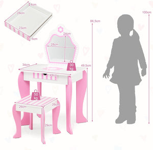 Toeletta Trucco per Bambina, Specchiera per Ragazzi in Legno, Postazione Trucco Robusto 2 in 1 con Cassetto, Sgabello e Specchio Staccabile, 49 x 34 x 86 cm, Bianco e Rosa
