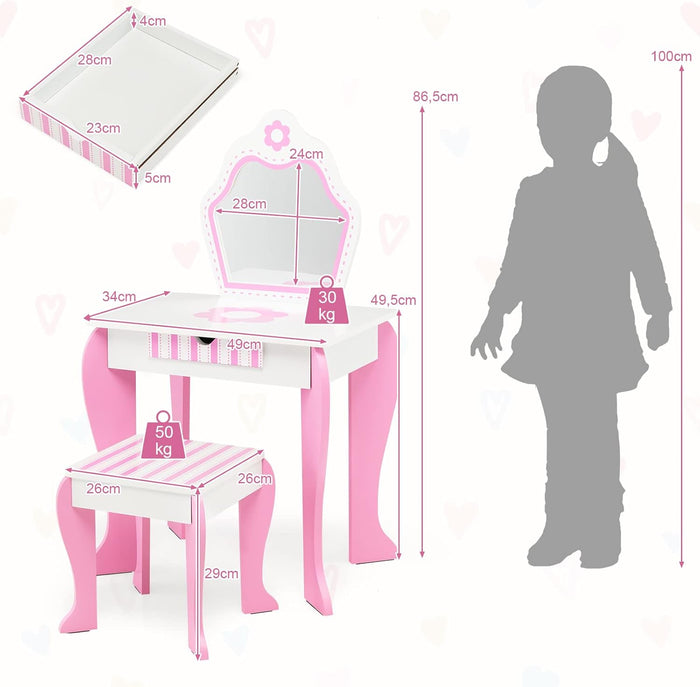 Toeletta Trucco per Bambina, Specchiera per Ragazzi in Legno, Postazione Trucco Robusto 2 in 1 con Cassetto, Sgabello e Specchio Staccabile, 49 x 34 x 86 cm, Bianco e Rosa
