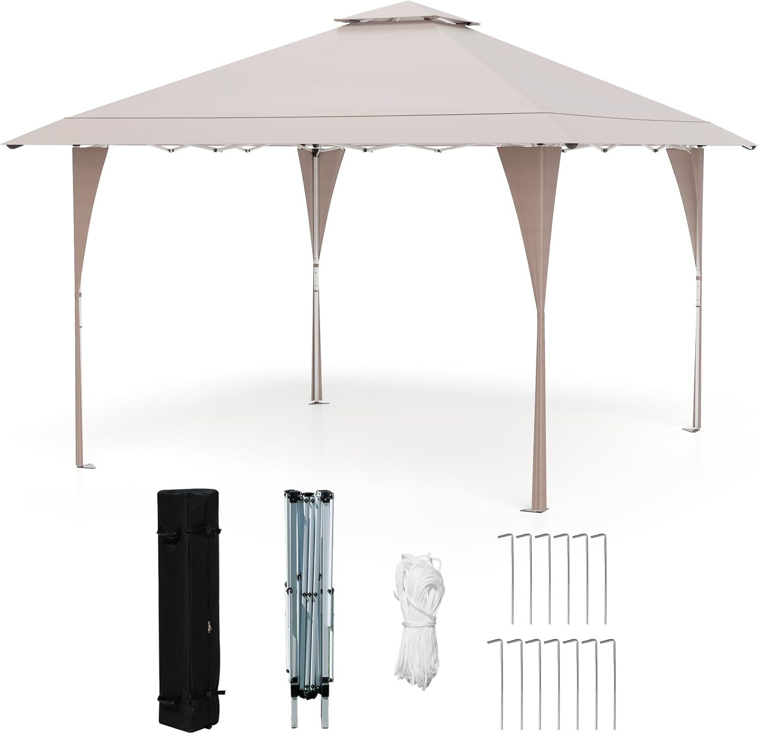 Tenda Pop-up Esterno 4x4 m Doppio Tetto, Gazebo da Giardino Altezza Regolabile con Fori di Drenaggio, Tenda da Giardino Antivento Facile da Montare con Borsa di Trasporto (Kaki)