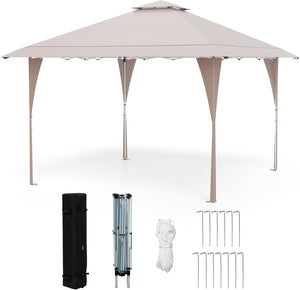 Tenda Pop-up Esterno 4x4 m Doppio Tetto, Gazebo da Giardino Altezza Regolabile con Fori di Drenaggio, Tenda da Giardino Antivento Facile da Montare con Borsa di Trasporto (Kaki)