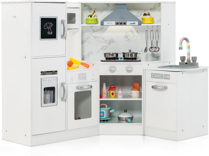 Set di Cucina Giocattolo per Bambini, con Suoni e Luci Divertenti, Lavabo, Forno a Microonde, Macchina del ghiaccio e Lavastoviglie, Lavagna, Ideale per Bambini 3 Anni+ (Bianco)