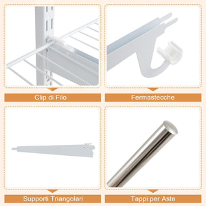 Guardaroba Parete 122-244 CM, Sistema di Organizzazione Regolabile con Asta Pendente, Appendiabiti Metallica, Sistema di Organizzazione e Stoccaggio Armadi per Camera da Letto (Bianco)