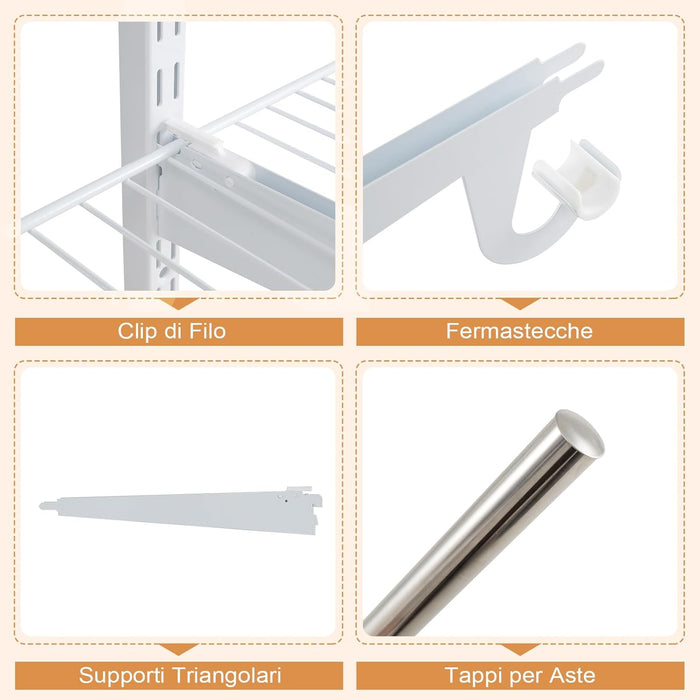 Guardaroba Parete 122-244 CM, Sistema di Organizzazione Regolabile con Asta Pendente, Appendiabiti Metallica, Sistema di Organizzazione e Stoccaggio Armadi per Camera da Letto (Bianco)