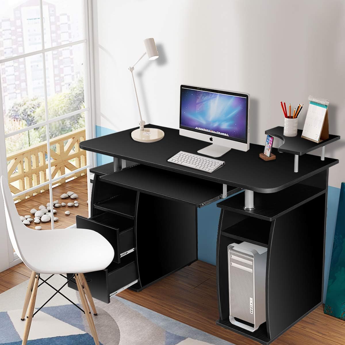 Scrivania Salvaspazio, Scrivania con Cassetti, Vassoio per Tasteriera, Ripiani e Porta Stampante, Scrivania Porta PC per Ufficio e Studio, 120 x 55 x 76 cm, Portata 60 kg (Nero)