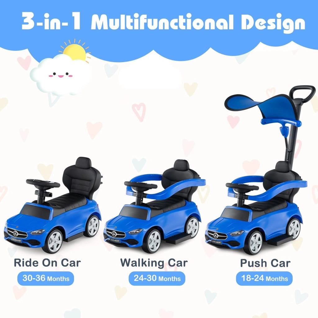 Macchina Cavalcabile per Bambini con Licenza Mercedes-Benz 3 in 1, Capote Regolabile, Guida Realistica con Volante e Clacson, Capacità di Carico 25 KG, per Bambine e Bambini 1-3 Anni (Blu)