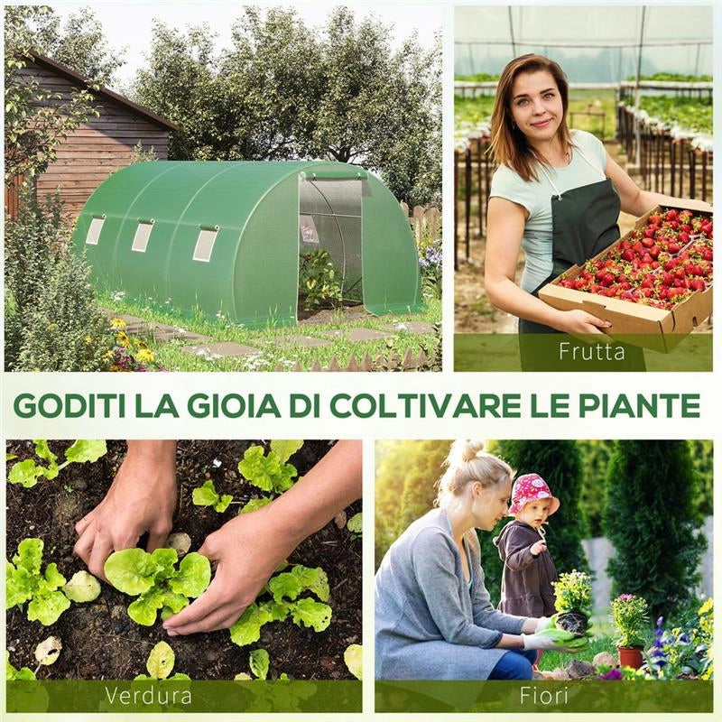 SERRA A TUNNEL DA ESTERNO CON COPERTURA IN PE PORTA CON CERNIERA E 6 FINESTRE VERDE