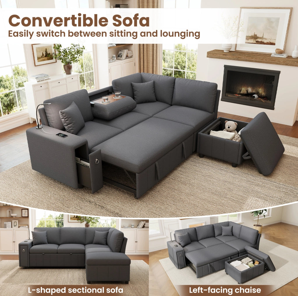 Divano angolare modulare 5 posti con letto estraibile; pouf contenitore; USB e Type-C; grigio