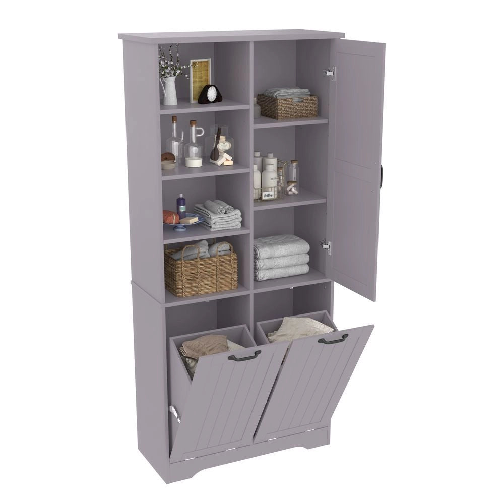 Armoire de salle de bain - Xylo - 78 x 35 x 172 cm - Grigio - Vernice resistente all'umidit??, doppio cesto per il bucato, ripiani regolabili