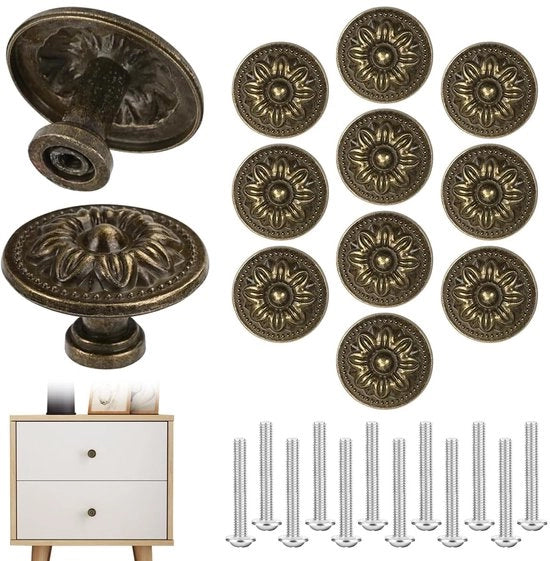 Pomelli a cassettino Antico Bronzo - 12 pezzi - Pomelli da mobili vintage - Maniglie rotonde - Viti incluse - Materiale duraturo
