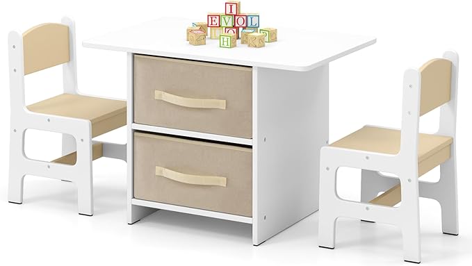 Set Tavolo e 2 Sedie per bambini, Set di Scrivania per Bambini con Ceste Portaoggetti Rimovibili, Mobili Salvaspazio in Legno per cameretta per 3+ Anni (Beige)