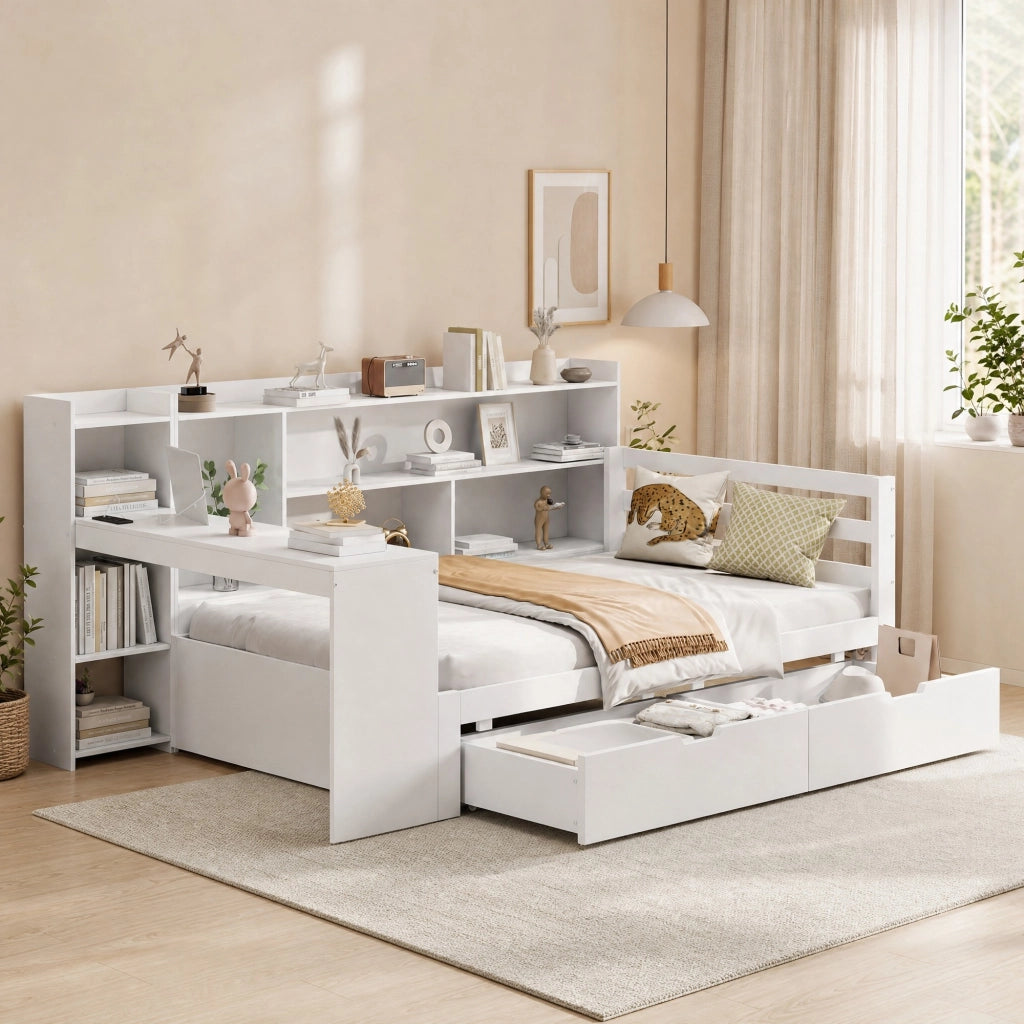 DIVANO LETTO multifunzionale 90x200 cm in legno bianco con scrivania e scaffali