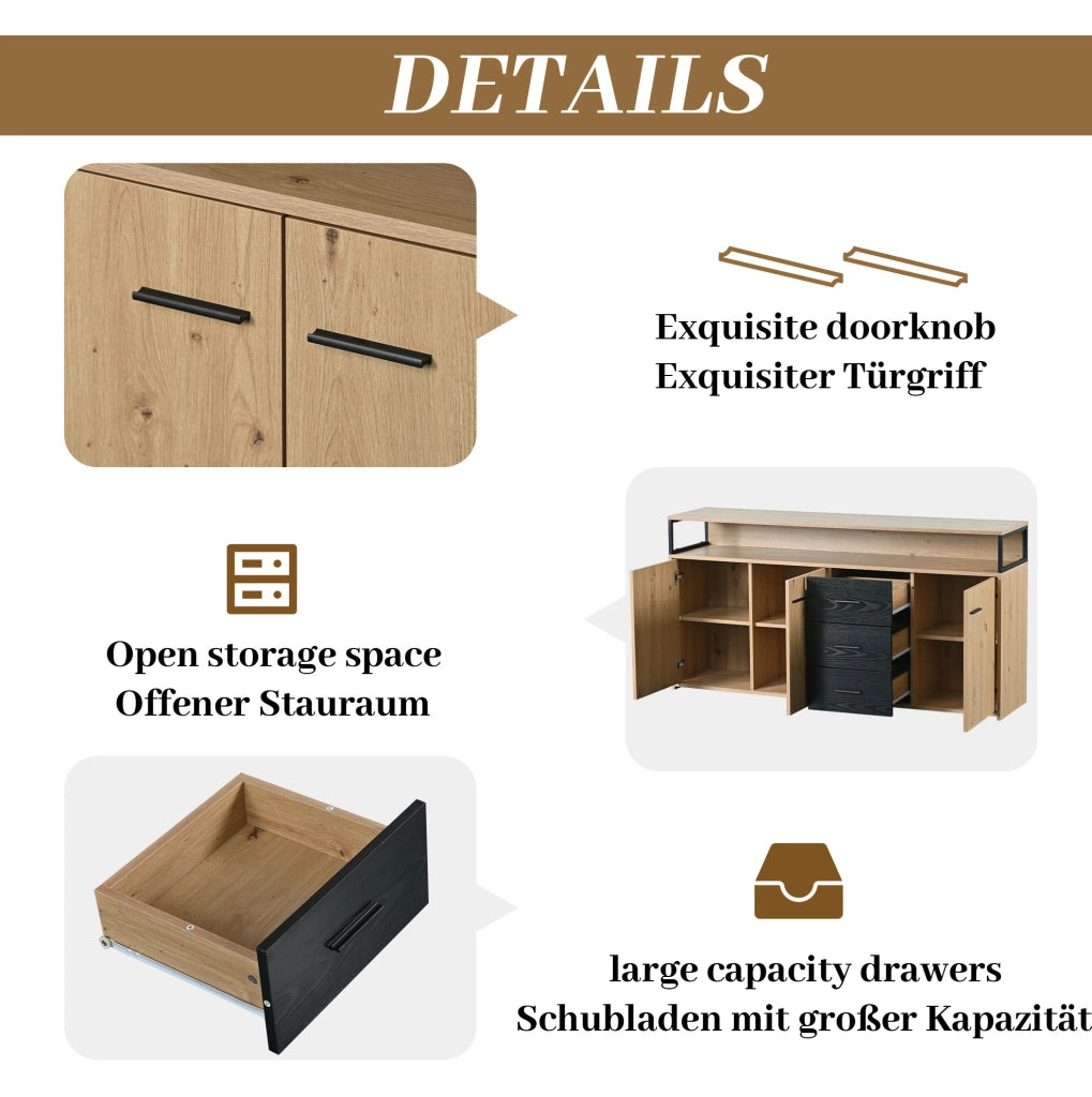 Credenza sideboard con 3 ante e 3 cassetti 150x35x75;9 cm in truciolare nero e marrone